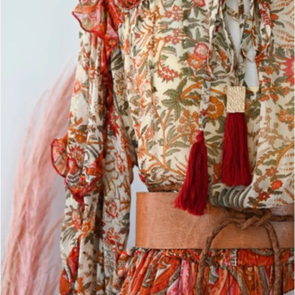 Miss June PARIS Helena boho peasant sheer floral tassel tie blouse OSFM - Picture 8 of 15